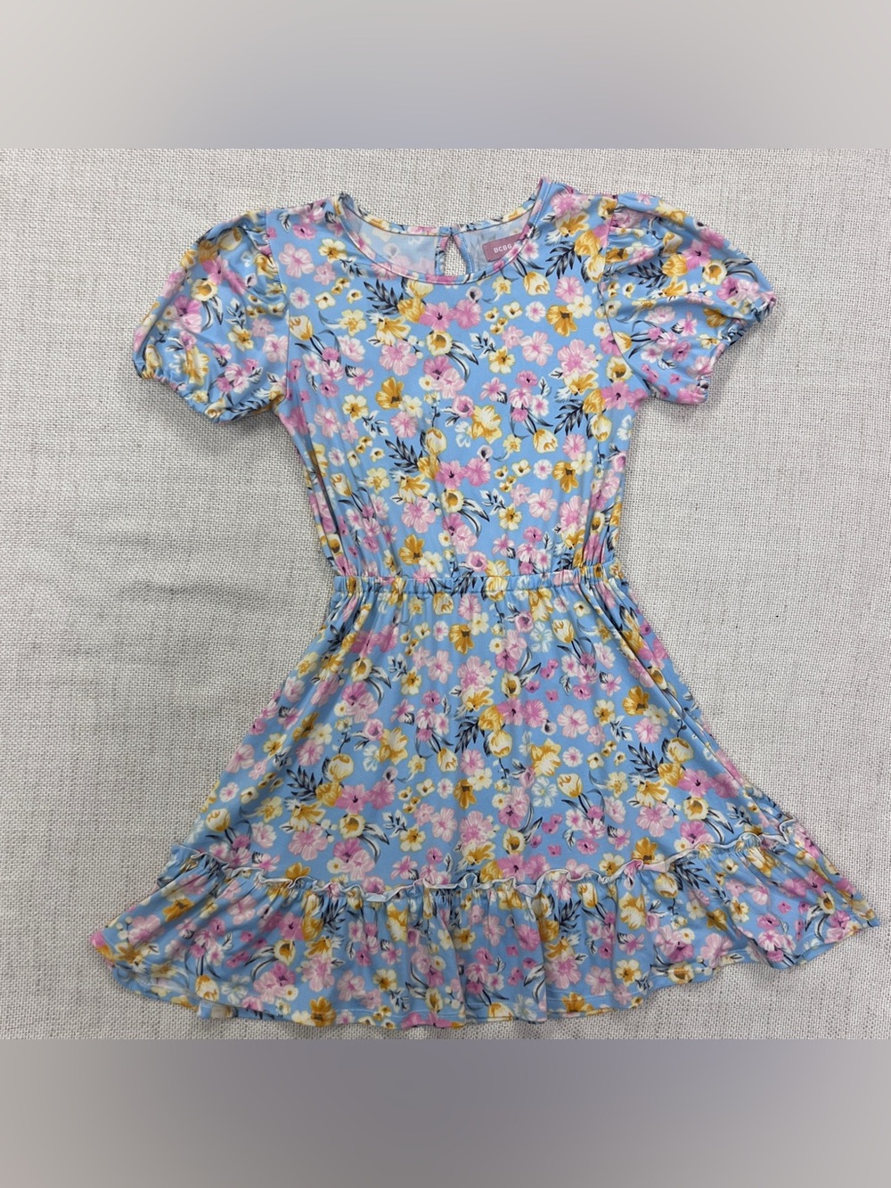 BCBG Girls Dress Size S 7/8 Blue Floral Puff Sleeve Ruffle Hem